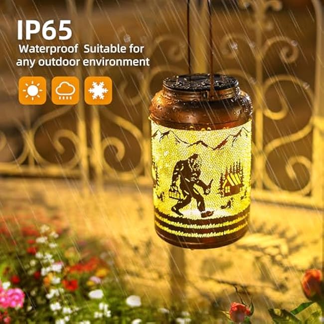 Bigfoot Solar Lanterns Outdoor Waterproof Hanging Solar Lights Big Foot Sasquatch Gifts for Women Men Metal Lantern Decorative LED Light for Yard, Patio, Lawn, Tabletop, Garden Decor