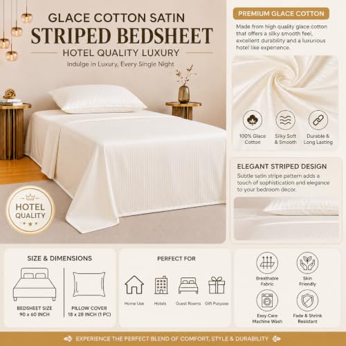 Image of Satin Striped Glace Cotton Single bedsheet with 1 Pillow Cover | Soft & Smooth Finish | Single Bed bedsheet 90 x 60 Inch | Pillow Cover 18 x 28 Inch | Breathable, Fade Resistant