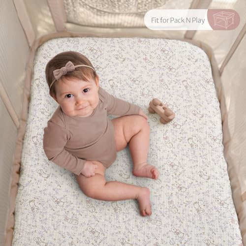 Image of Blissful Diary Muslin Mini Crib Sheets, Pack and Play Mattress Sheets Fitted for Pack N Play, Soft Cotton for Girls, 2 Pack(Blush Bunny Floral & Dusty Pink)