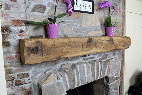 Image of Modern Timber Craft Hand Hewn Beam Fireplace Mantel - Reclaimed, Axe Cut Barn Wood Floating Mantel Shelf - Handcrafted in USA - Certified Reclaimed, 72 inch L x 7 inch D, Unfinished