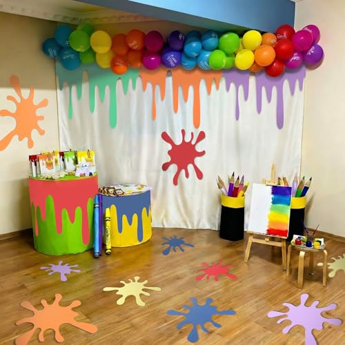 Frienda 18 Pcs Art Paint Party Decorations Painting Splatter Party Back to School Decor Colorful Paint Splatter Backdrop Table Skirts Painting Cutouts for Classroom Bulletin Board Birthday Decor