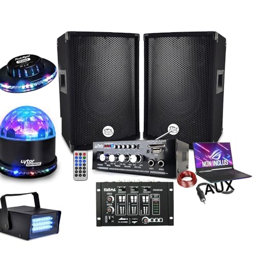 Pack sono 600W, AMPLI BLUETOOTH + 2 ENCEINTES + Table de mixage USB, Câblages, 3 Jeux de lumières, PA DJ MIX SOIREE MAISON BAR