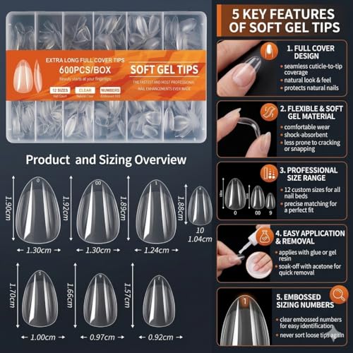Image of QUEENFINGER Soft Gel Nail Tips - 600 Pcs Short Almond Shape, 12 Sizes - Full Cover Clear Tips for DIY Nails & Salons
