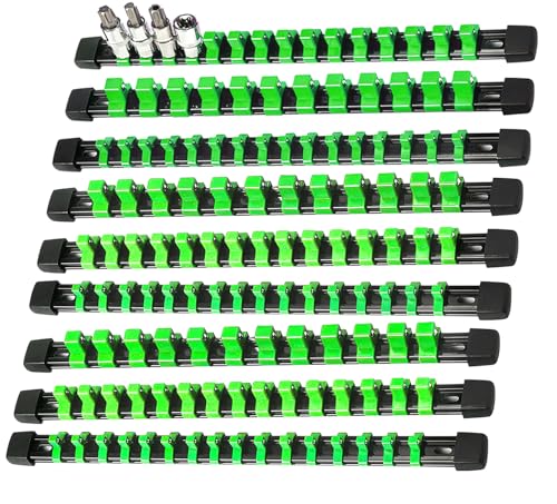 Image of AMM 9-Piece Socket Organizer, 1 /2 inch, 3 /8 inch and 1 /4 inch Drive ABS Tools-Green Socket Holder,Heavy Duty Socket Racks, Premium Quality Socket Clip Rail Holder,The Best Tool Trays in The Garage