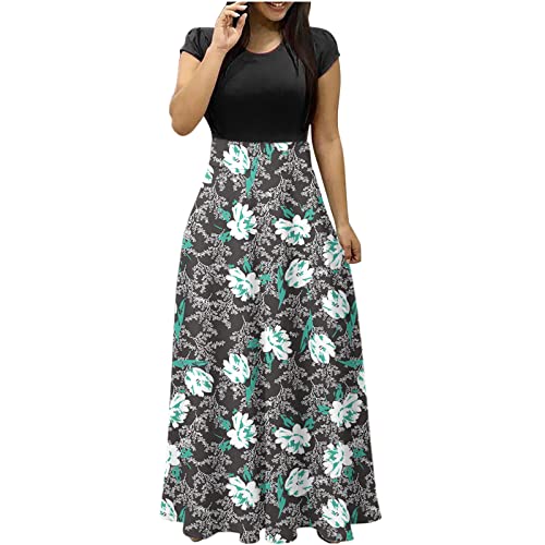 Generic A-980 Gray Boat Neck Dresses for Women Fall Summer Short Sleeve Flower Maxi Long Loose Fit Beach Casual Hawaiian T Shirt Dresses Womens 2024 Soft Comfy Clothing Fashion M