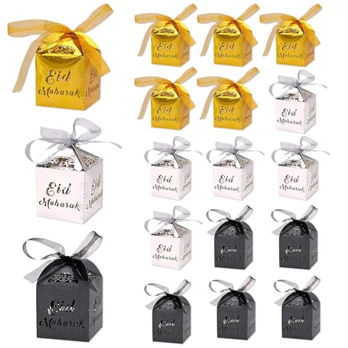 iwiio 18Pcs Eid Mubarak Gift Boxes Islamic-inspired Design Gold Black Silver 1.96 x 3.14 Inches 18 Count Cardboard Perfect for Eid Celebrations