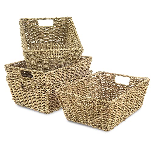 LIVIVO Set of 4 Seagrass Rectangular Hamper Storage Decorative Baskets Natural Shelf Underbed Woven Gift Multipurpose Kitchen Bathroom With Insert Handles- Natural - Cosy Home Interiors LIVIVO Set of 4 Seagrass Rectangular Hamper Storage Decorative Baskets Natural Shelf Underbed Woven Gift Multipurpose Kitchen Bathroom With Insert Handles- Natural