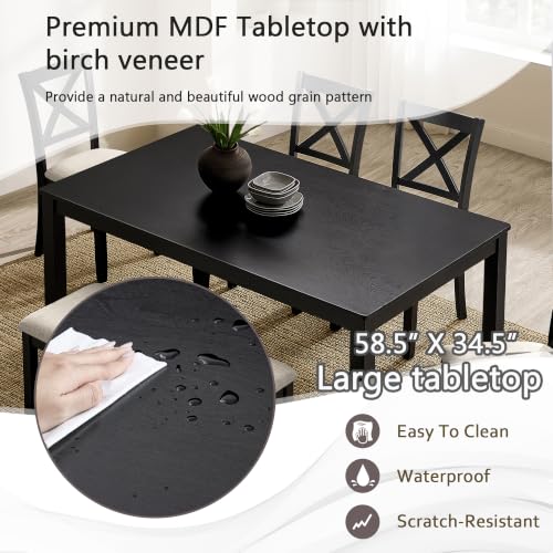 Image of Harper & Bright Designs 6-Piece Dining Table Set with Chairs & Bench,Black | Padded Beige Upholstered Seats, Space-Saving Bench, And Easy Assembly - Perfect For Families And Apartments