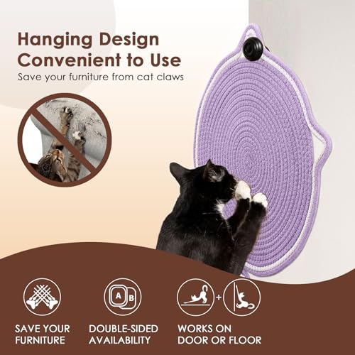 Image of Letalong Cat Scratcher Mat, Natural Cotton Rope Cat Scratch Pad, 15.7'' Round Horizontal Floor Cat Scratching Pads for Indoor Cats, Cat Furniture Protector for Wall, Couch, Carpets, Sofas, Purple