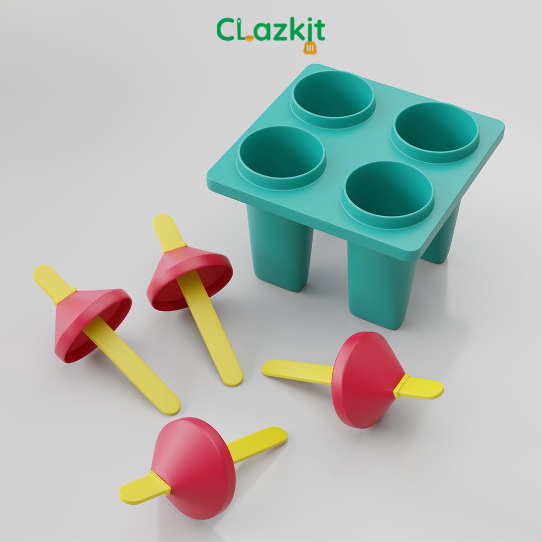 Clazkit Plastic 4 Cavity Reusable Ice Pop Makers, Homemade Popsicle/Frozen Ice Cream/Kulfi Candy for Children & Adults Set of 1 - Multicolor, 11L x 11W x 15H cm 1