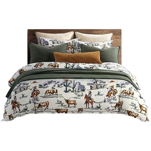 Paseo Road by HiEnd Accents Ranch Life Western Bedding 3 Piece Queen Duvet Cover Set, Cotton Cowboy Longhorn Horse Print Western Bed Set, Rustic Southwestern Comforter Cover Set with Pillow Shams Cover