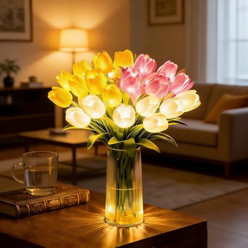 Twinkling Tree Tulips Night Light 15PCS Tulip Lamp Artificial Flowers with Vase LED Plant Light Up Flowers for Bedroom Decor Radiant Romantic Gifts for Women Mom Valentines Day (15PCS-Mixed)