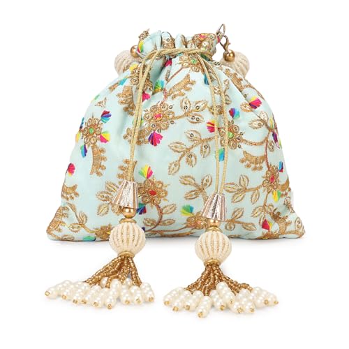 Image of LONGING TO BUY Indian Embroidered Pearl Potli Bag For Women, Sequence Design with Tassel, Wedding Potli Bags