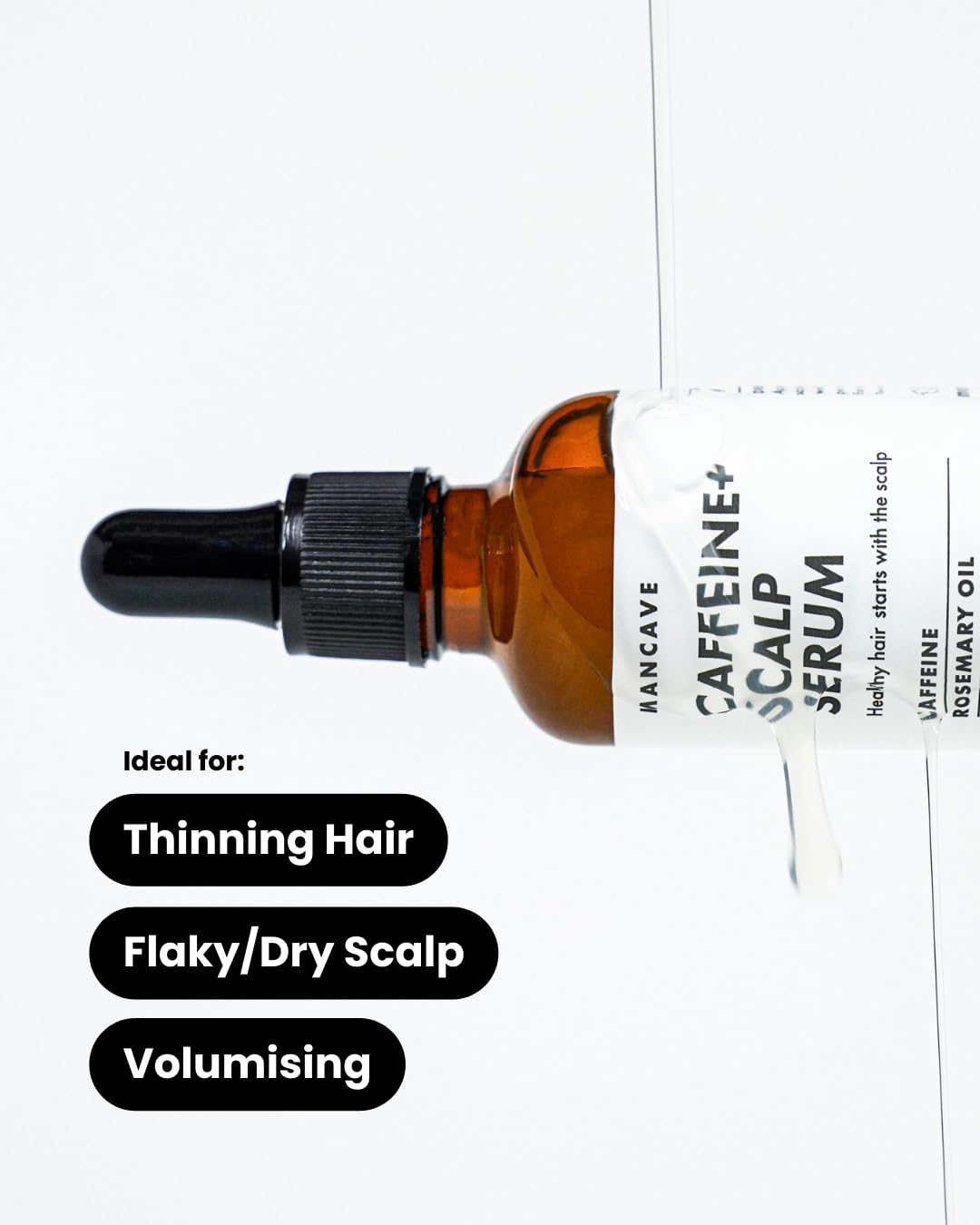 ManCave Sérum Capilar Cafeína+ para Hombres 50ml – Estimula y Acondiciona con Cafeína y Aceite de Romero – Exfolia el Cuero Cabelludo con Ácido Salicílico – Natural, Vegano, Sin Crueldad