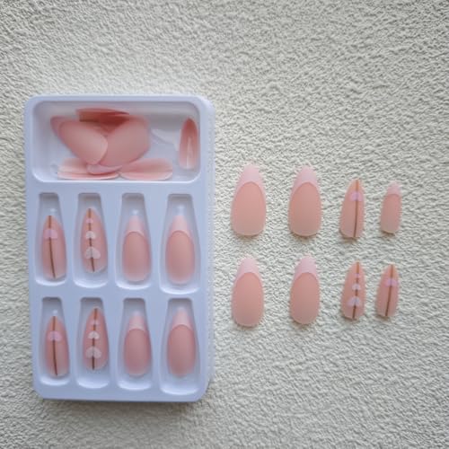 Image of Pink French Tip Press on Nails Heart Fake Nails with Gold Line Design Love Glue on Nails Glossy Acrylic Full Cover Nude Pink Stick on Nail Medium Stiletto False Nail for Women Manicure 24Pcs