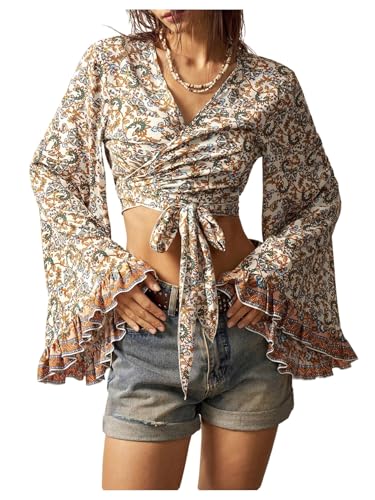 BEAUDRM Blusa feminina Paisley anos 70 boho hippie gravata borbol...