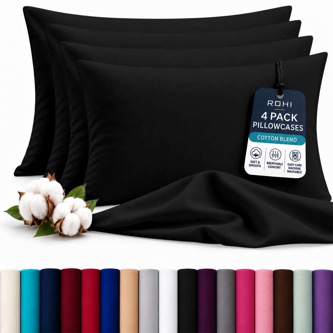 Rohi Luxury Black Pillowcases 4 Pack - (50×75cm) | Soft & Comfy Cotton Blend Pillow Covers with Envelope Closure | Breathable, Anti-Allergy, Fade & Wrinkle Resistant