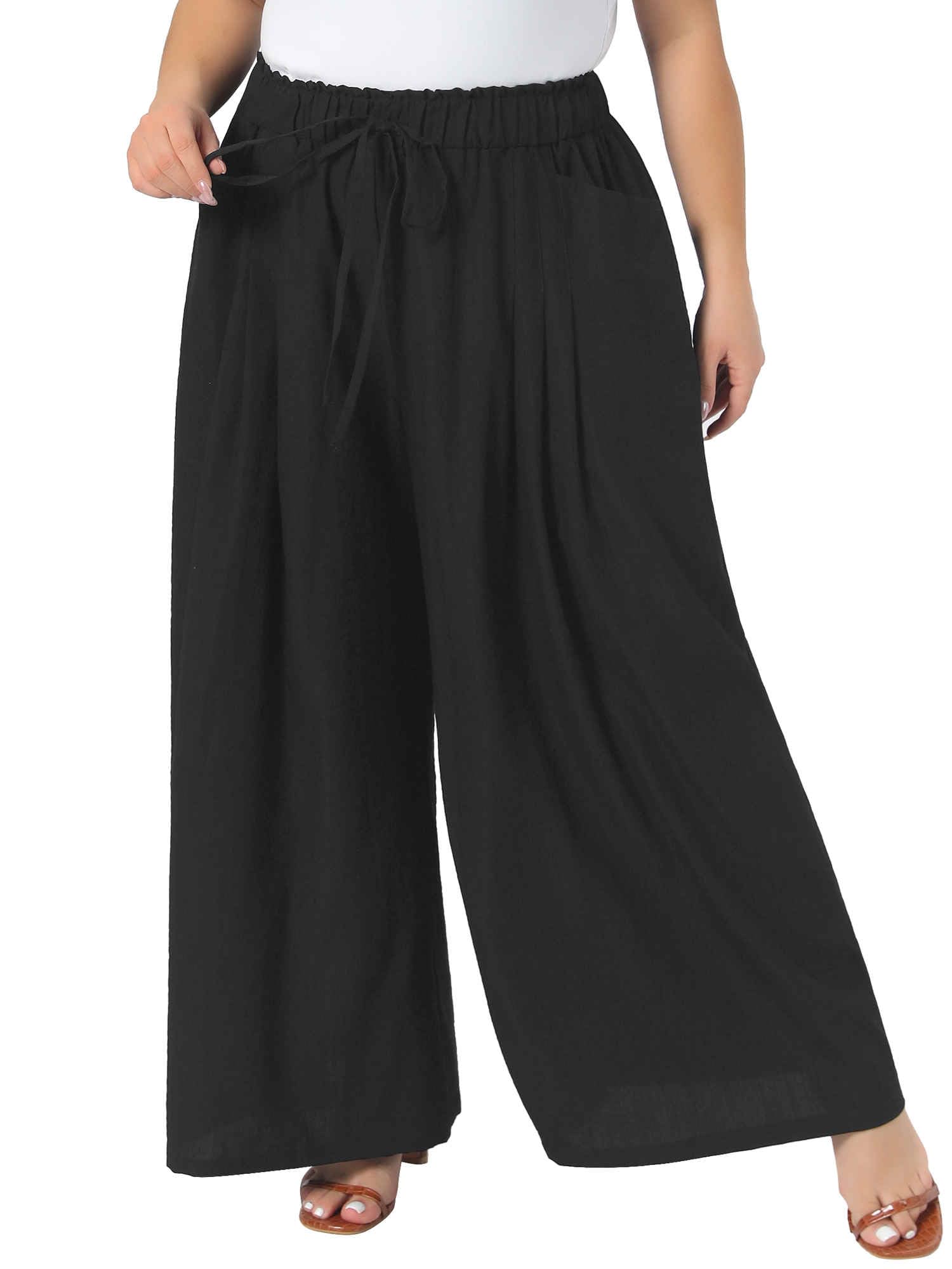 Agnes Orinda Womens Plus Size Pants Adjustable High Waist Wide Leg Palazzo Casual Work Trousers with Pockets