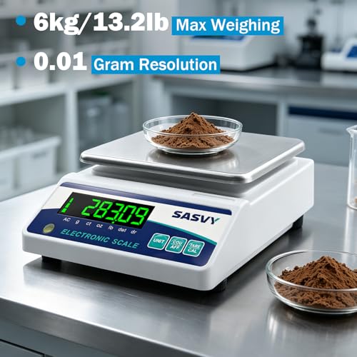 Image of Lab Scale 6000g x 0.01g Scientific Scale g /oz /ct /lb /dr /DWT High Precision Digital Electronic Analytical Balance for Jewelry Kitchen Laboratory School, Includes 500g Calibration Weight&Battery