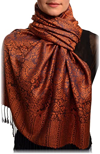 Pashmina écharpe bleu et orange femme homme foulard motifs cachemire franges