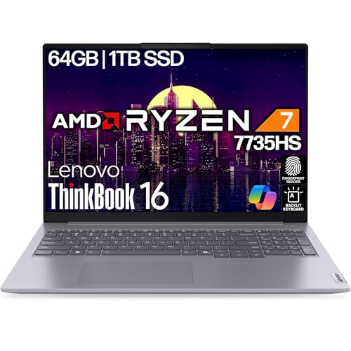 Image of Lenovo ThinkBook 16 Gen 7 16 inch FHD+ Display, AMD Ryzen 7 7735HS (Beat Ultra 7 255U), 64GB DDR5, 1TB SSD, Backlit KB, Fingerprint, WiFi 6E, Bluetooth, RJ-45, Windows 11 Pro, AI Business Laptop