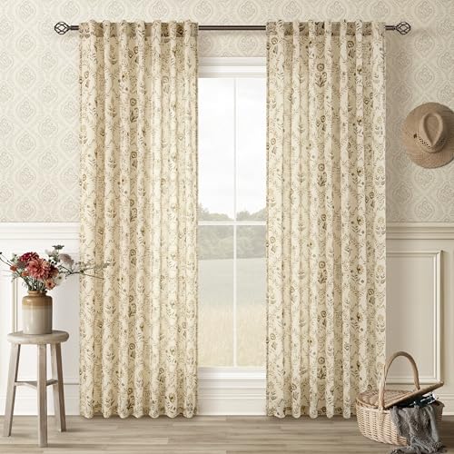 Image of Floral Linen Curtains 80 Inch Length 2 Panels Set Semi Sheer Curtain Brown