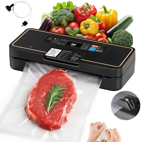 Vacuum Sealer for Food, 95kPa Food Vacuum Saver Sealer Machine, 120W 12L/min Fast-Sealing with Auto Tear-Cut,Digital Timer, Built-in Cutter, Bag Storage and One Bag Roll, 9-in-1 Compact Vacuum Sealer