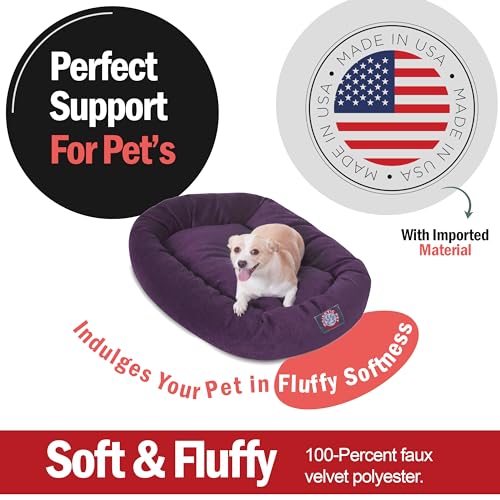 Image of Majestic Pet 32 Inch Micro Velvet Calming Dog Bed Washable - Cozy Soft Round Dog Bed with Spine for Head Support - Fluffy Donut Puppy Mat 32x23x7 (inch) Medium - Aubergine