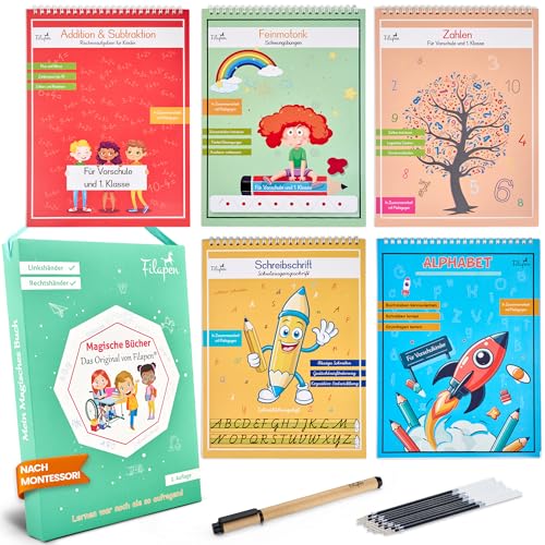 Filapen® Magische Vorschulhefte ab 4 Jahren – 5 Übungshefte + Stift (wiederverwendbar) – Schreiben & Rechnen lernen, Buchstaben & Zahlen üben – Für Linkshänder und Rechtshänder