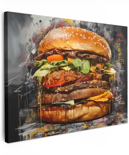 MuchoWow© Impressions sur Toile 80x60 cm Deco Tableau Murale Decoration Salon Peinture Tableaux Chambre Toiles Maison Burger - Nourriture - Art - Gris -...