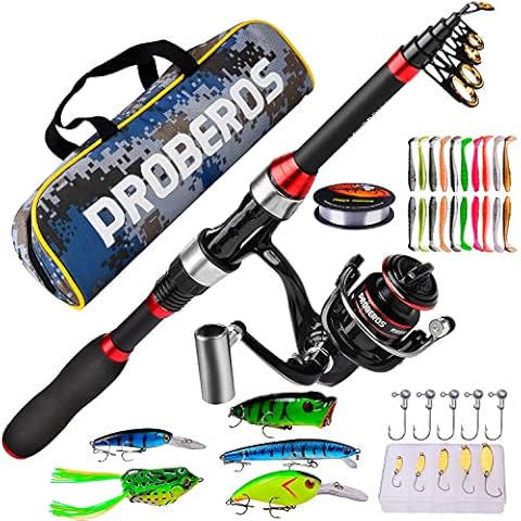 PROBEROS Kids Fishing Pole - Portable Telescopic Fishing Rod and Reel Combo Kit - Small Spinning Fishing Reel Rods with Lures Lines Tackle Box and Bag for Boys Girls Youth Fishing Cover