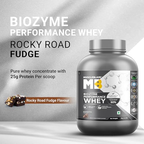 Image of MuscleBlaze Biozyme Performance Whey Protein Powder | Rocky Road Fudge (2kg / 4.4lbs) | 25g Protein Per Scoop | Clinically Tested 50% Higher Protein Absorption