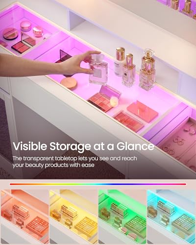 Image of VASAGLE Kailyn Collection - Vanity Desk with LED Lights and Power Outlet, Modern Vanity Table with Light Strip, 3 Drawers, 2 Cabinets, Transparent Top, 8 Storage Shelves, Cloud White URDT145WB03S