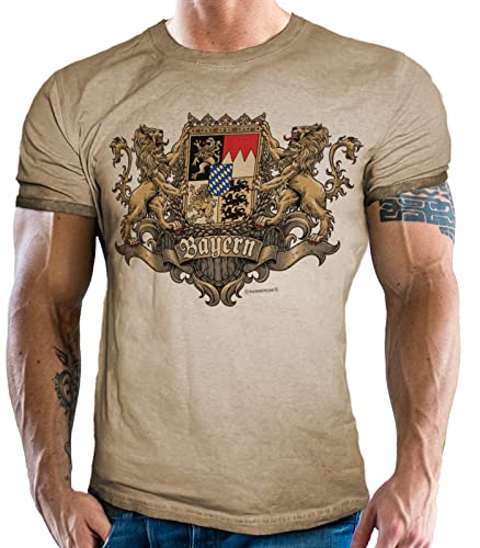 Herren Trachten T-Shirt im Vintage Retro Used Look - Für echte Bayern Fans: Königliches Bayernwappen