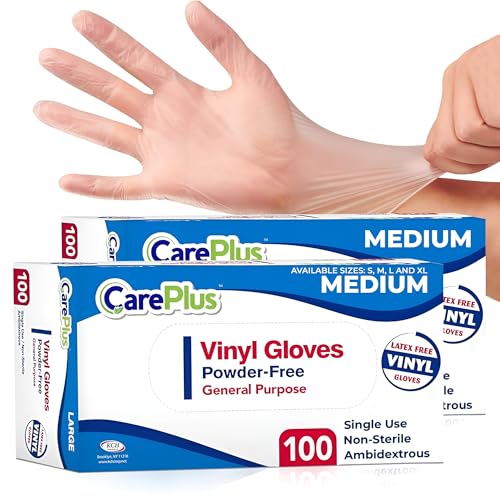 Image of CARE PLUS Vinyl Gloves Clear Medium Size 200 Count | Heavy Duty, Non-Sterile, Powder-Free, Latex-Free Rubber | Food Prep, Kitchen & Cleaning Gloves, Ideal for Professional Use