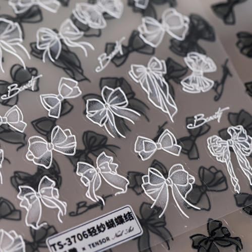 Image of 5D Embossed Bow Nail Stickers for Nail Art White Bow Kont Nail Art Stickers Self-Adhesive for Women Manicure Charms Supplies 1 Sheets