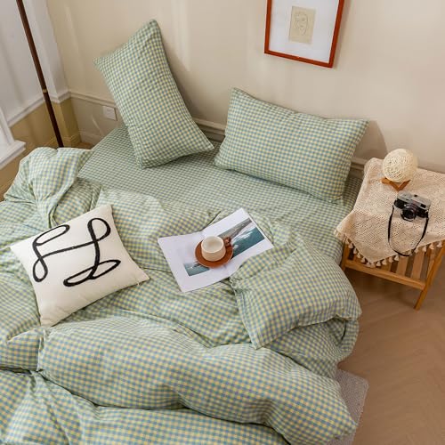 Image of EAVD Mini Blue Yellow Plaid Duvet Cover Queen Soft Cotton Reversible Grid Plaid Bedding Set with 2 Pillowcases Modern Style Geometric Grid Plaid Pattern Duvet Cover with Zipper Closure