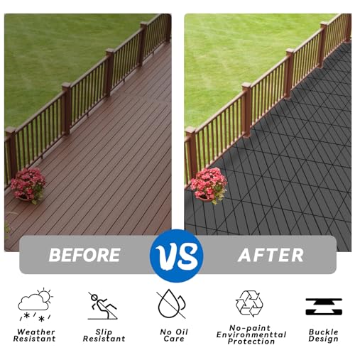 48 Pack Plastic Interlocking Deck Tiles, 10\"x10\" Patio Flooring Waterproof Outdoor Indoor Flooring Deck Tiles All Weather Use, Patio Floor Decking Tiles for Porch Poolside Balcony Backyard, Dark Grey - Thumbnail 5