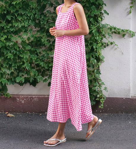 Image of chouyatou Women's Summer Casual Loose-Fit Cotton Plaid Tank Maxi Dress with Pockets Boho Beach Sundress