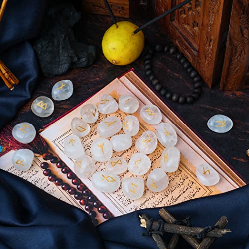 25 Pcs Clear Quartz Runes Set - Elder Futhark Rune Stones - Engraved Gemstones - Viking Rune Stones - Wiccan Supplies And Tools - Crystal Divination Set - Crystal Decor #TOP3