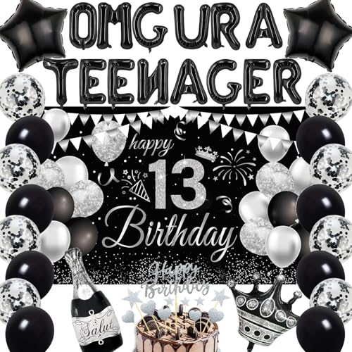 Palloncini per 13° compleanno per ragazzo, 36 pezzi, colore nero, decorazione ufficiale per adolescenti, tra cui palloncino con lettera OMG URA TEENAGER Happy 13th Birthday sfondo coriandoli Palloncini per 13° compleanno per ragazzo, 36 pezzi, colore nero, decorazione ufficiale per adolescenti, tra cui palloncino con lettera OMG URA TEENAGER Happy 13th Birthday sfondo coriandoli