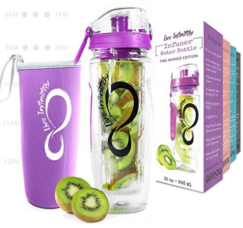 Live Infinitely 32 oz. Fruit Infuser Water Bottles with Time Marker, Insulation Sleeve