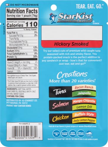 Image of StarKist Tuna Creations Hickory Smoked Pouch (2.6 oz - 2 Pack) Wild Caught, High Protein Shelf Stable Seafood, Gluten Free, Soy Free, No Draining, Ready to Eat for Salads and Sandwiches