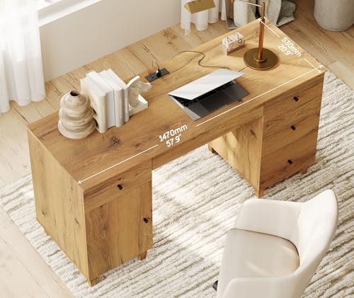 Image of WAMPAT 58 Inch Wood Desk with Drawers, Cabinet, Charging Station, Oak Brown | Modern Executive Desk with Keyboard Storage Drawer, Home Office Large Wooden Computer Desk, Work & Study Writing Desk