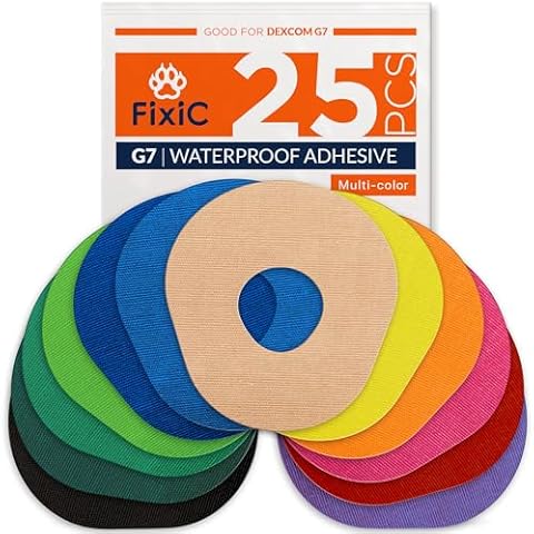FixiC – Adhesive Patches for G7 & Stelo – 25 Pack Premium Waterproof Adhesive Patches – Pre-Cut Back Paper – Adhesive Patch for G7 – Long Fixation! (Multi-Color)