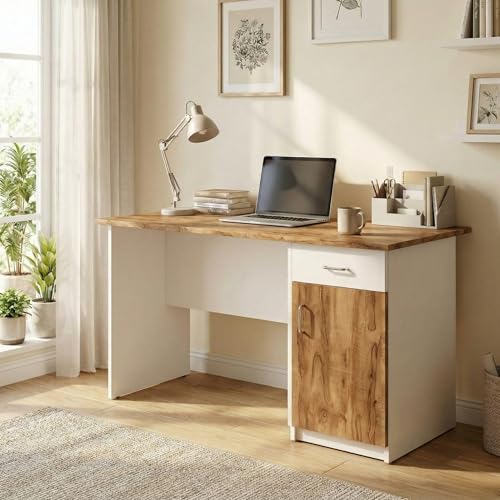 Image of FFO Wooden Computer Table with Storage - Study Desk for Students & Adults, Writing Table, Laptop Desk, Office Work Table for Home, White & Coach Wood DIY Assembly