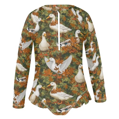 Autumn Ducks Flying Leaves Girls Rash Guard Swimsuits Long Sleeve One Pieces Bathing Suit UPF 50+ Zipper Swimwear2