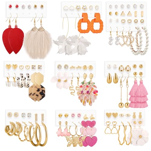 58 Pairs Earrings Set for Women, Funtopia Fashion Drop Dangle Hoop Stud Earrings Pack, Tassel Acrylic Pearl Earrings Multipack for Birthday Party Jewelry