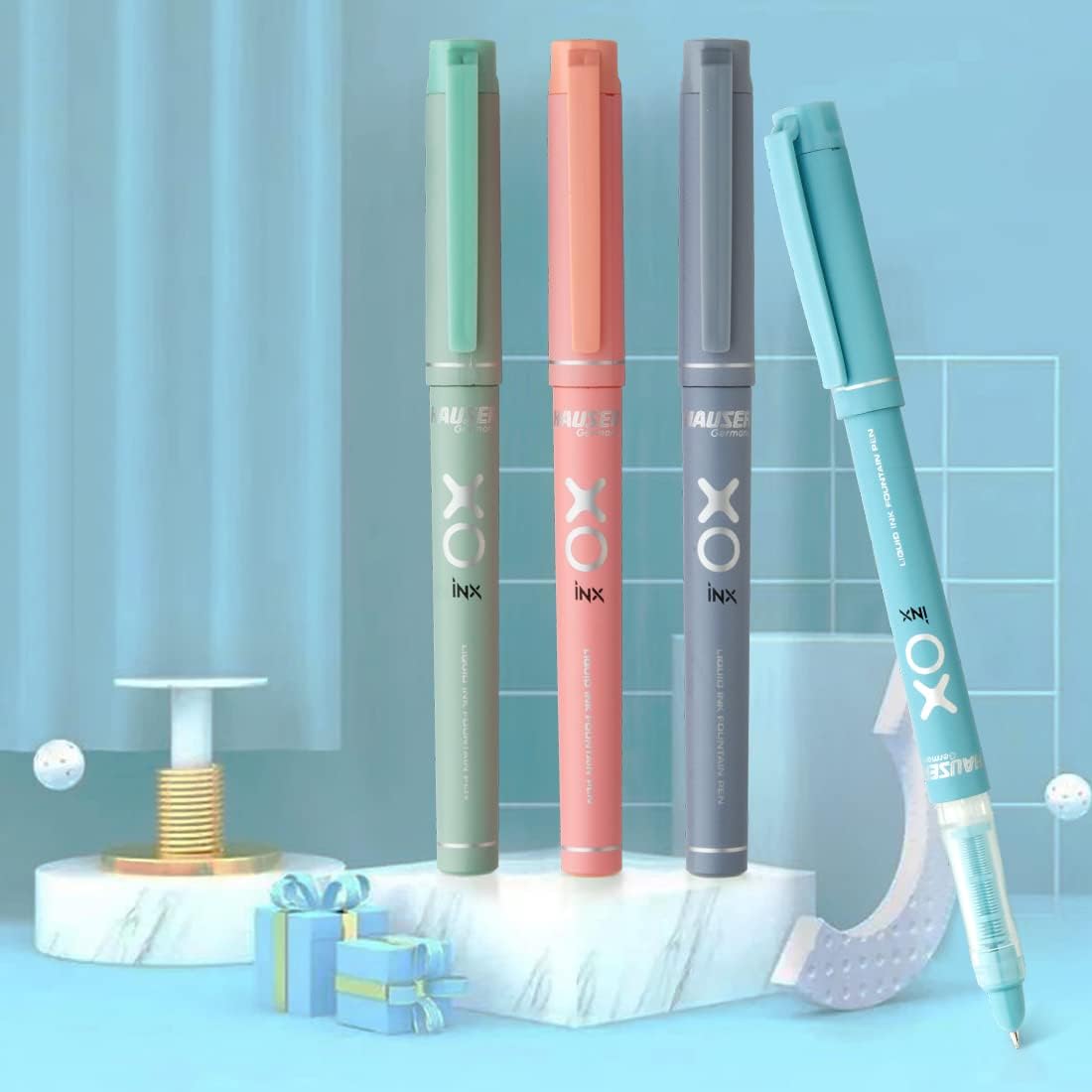 Hauser Germany Inx Xo Liquid Ink Fountain Pen | Smooth Round Nib With Iridium Tip | With 4 Pieces X-Large Jumbo Cartridges | Unique Liquid Ink Sysyem | Blue Ink, Pack Of 5