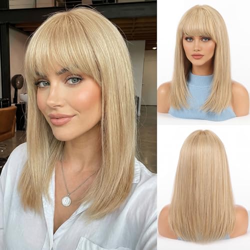 Image of KKU 16 Inch Blonde Human Hair Wig,Human Hair Wigs,Human Hair Wig With Bangs, Lady Wigs Human Hair, Real Hair Wigs For Women